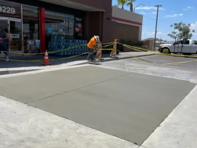 Crew smoothing freshly poured concrete during a parking lot flatwork repair at QuickTrip in Chandler, AZ.