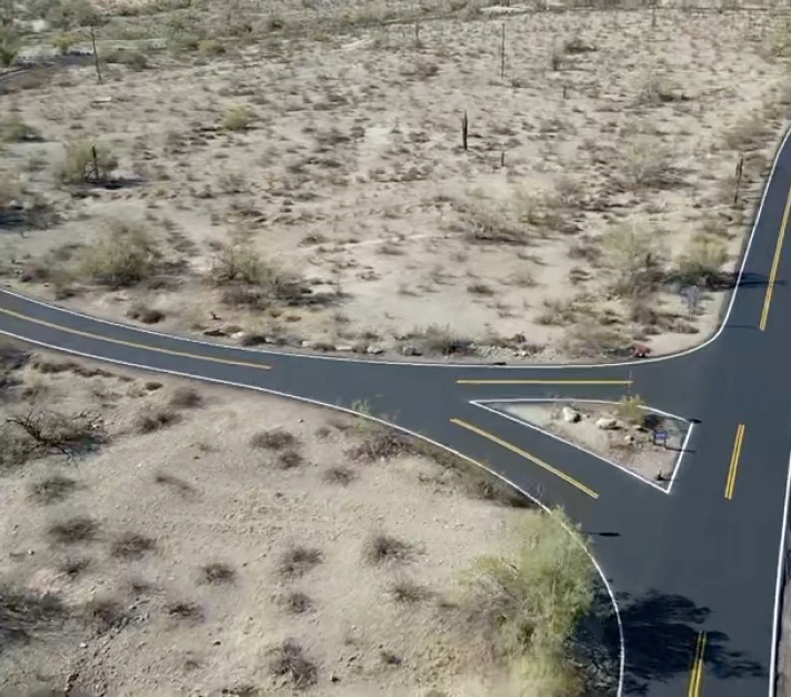 Aerial view of newly paved roadway intersection at South Mountain Park in Phoenix, Arizona by Valor Paving