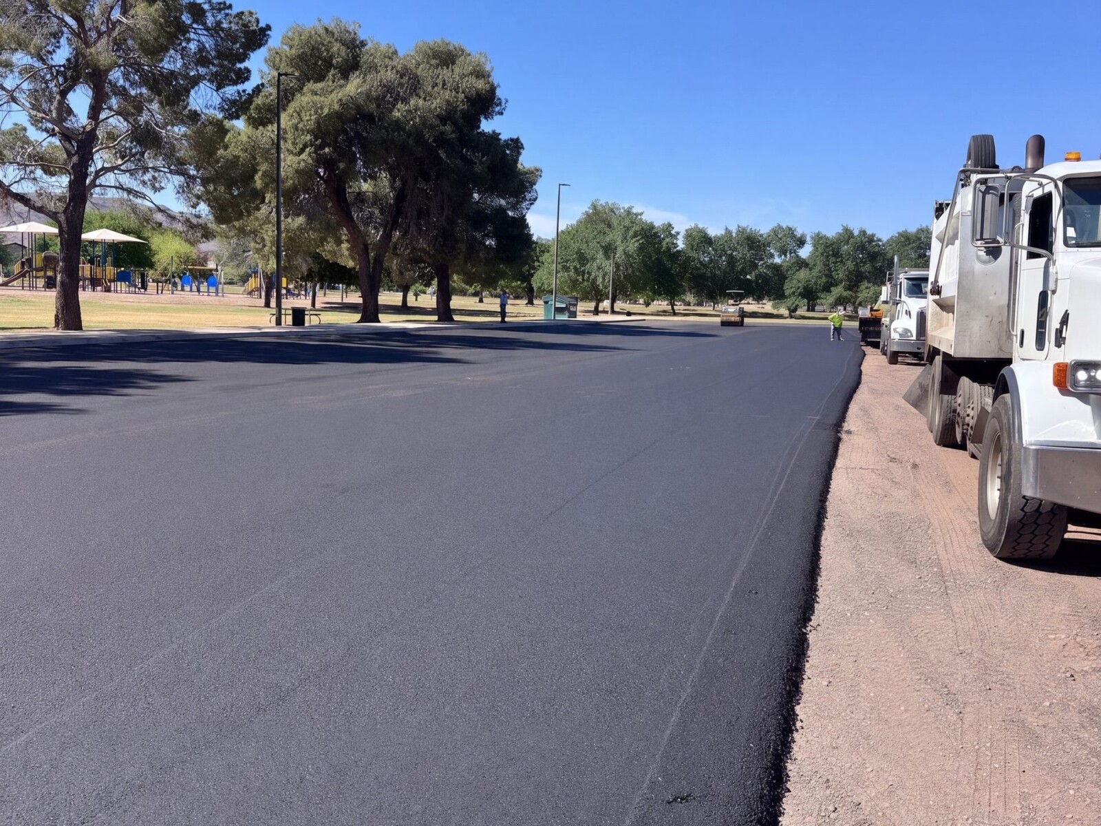 Paving crew laying fresh asphalt at El Prado Park for the City of Phoenix